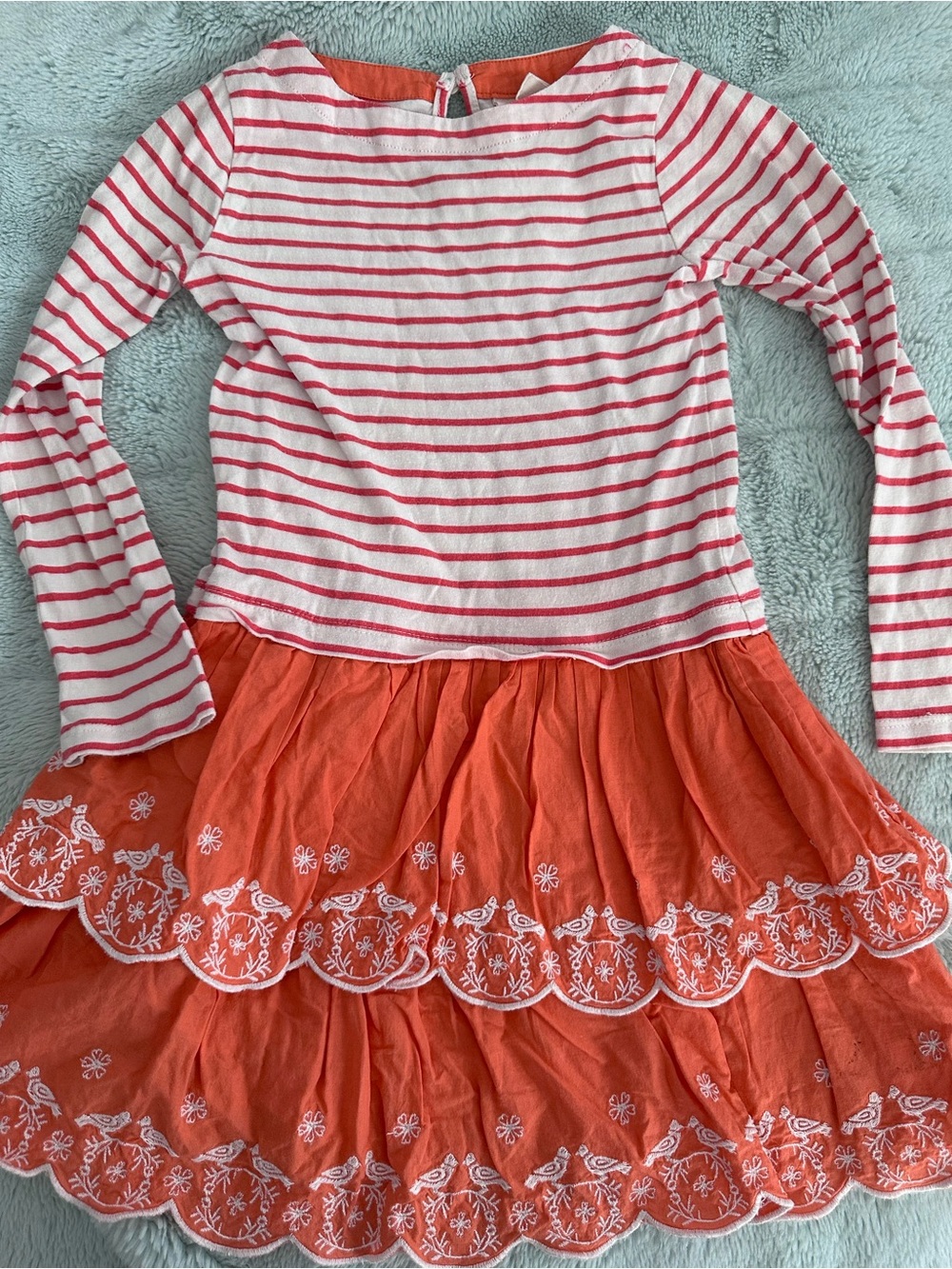 Mini Boden White and Coral-Orange Striped Long-Sleeve Tiered Dress
